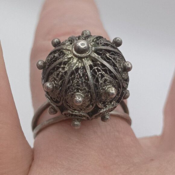 Vintage Antique Ornate Filigree Dome Ball Button Ring Adjustable Bypass Size 7 - Picture 4 of 8